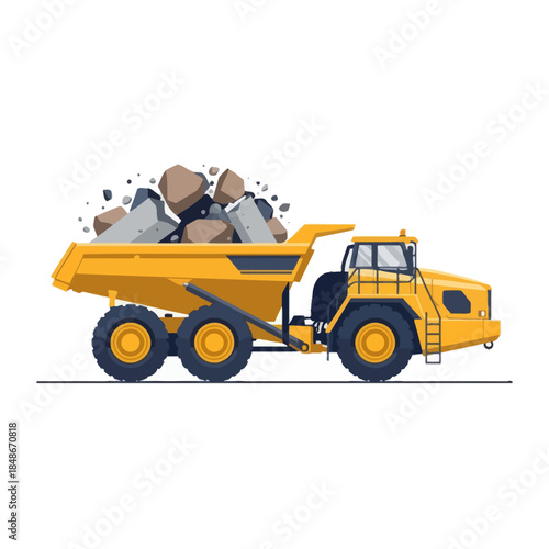 Heavy-duty mining dump truck transporting large rocks and debris on construction site