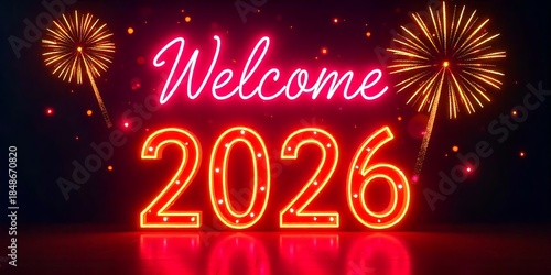 Welcome Happy New Year neon 2026 with vivid golden fireworks backdrop