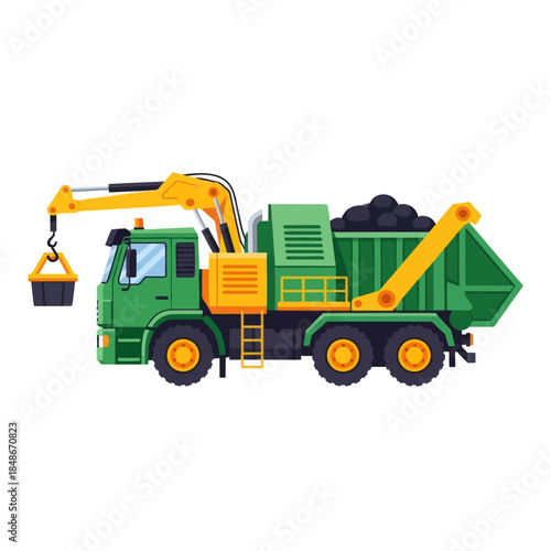 illustration of a construction dump truck with crane lifting gravel in a colorful cartoon style