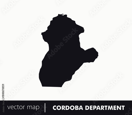 Minimal silhouette map of Córdoba Department, Colombia with Montería capital. Perfect for education, travel branding and Caribbean inland geography projects.