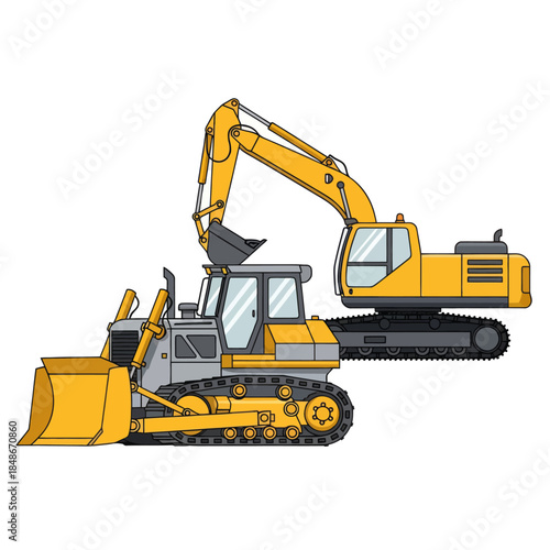 Industrial construction heavy machinery excavator and bulldozer vehicles in operation on