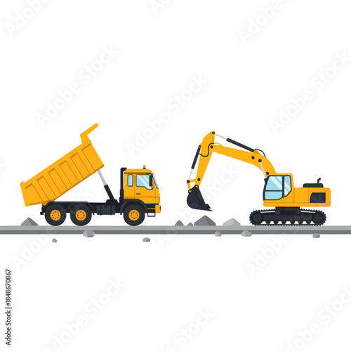 Construction machinery in action with dump truck and excavator on site illustrating earthmoving
