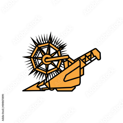 Abstract geometric illustration with celestial sunburst and mechanical telescope design elements