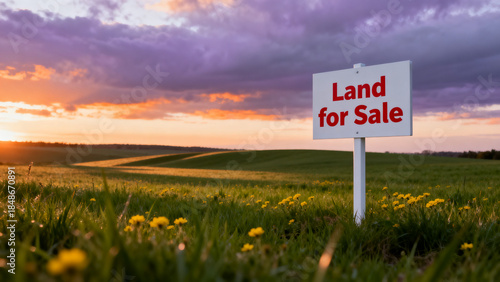 Land for sale sign in rural green field at sunset with cloudy sky and distant rolling hills