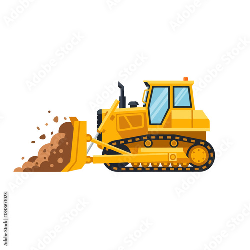 Illustration of a yellow bulldozer actively moving earth in a construction site scene