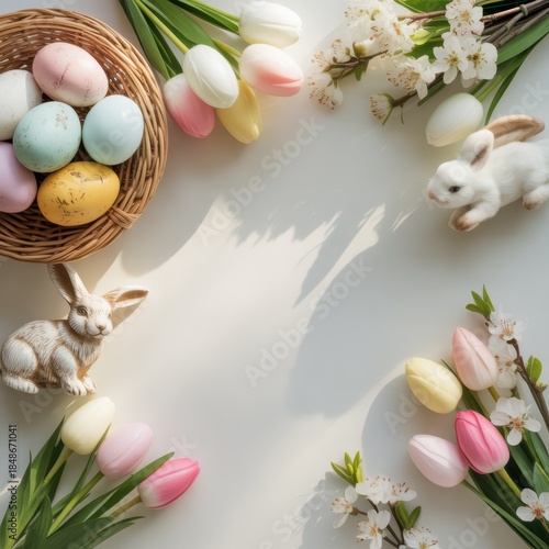 Holiday-themed background with empty white central area framed by Easter eggs, ribbons, fresh spring flowers. Wallpaper, holiday cards, promotions, and seasonal banners