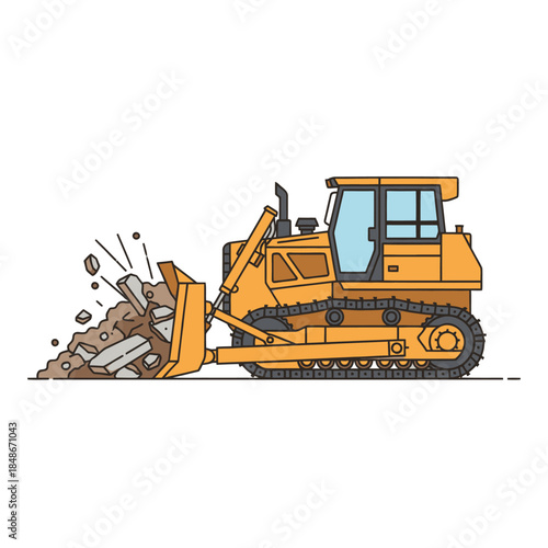Illustration of a bulldozer moving rocks with detailed mechanical design and earth displacement