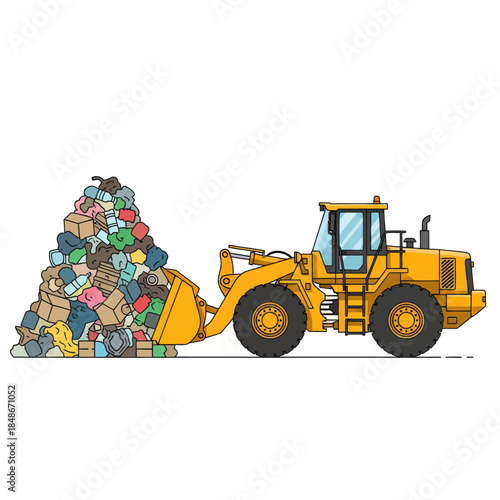 Illustration of a yellow bulldozer clearing a large pile of various colorful clothes and textiles
