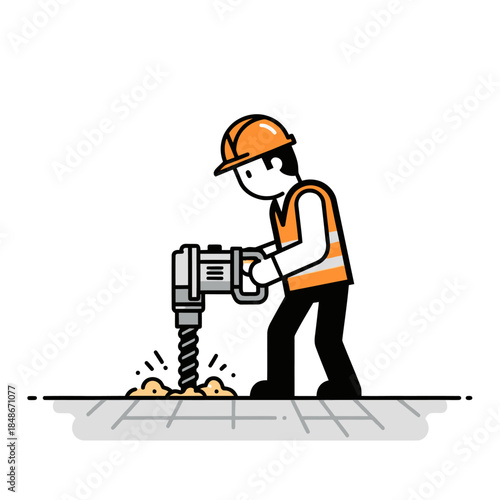 Cartoon Construction Worker Using Jackhammer on Construction Site with Safety Gear and Lively
