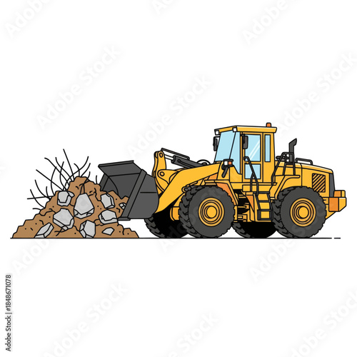 heavy construction loader clearing debris and rocks from construction site for earth-moving