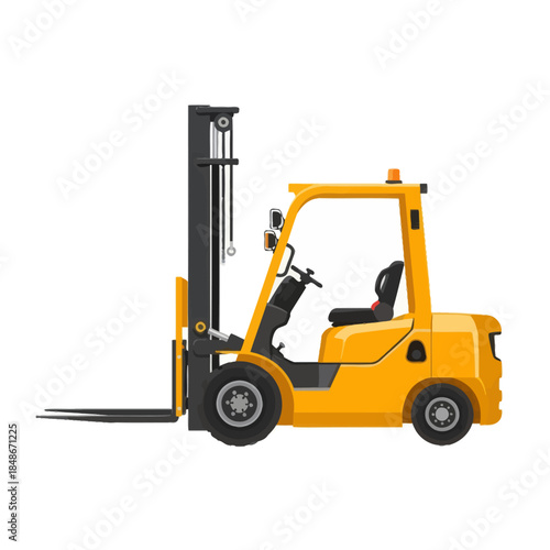 Modern yellow forklift truck with lift mast and operator seat in industrial warehouse setting