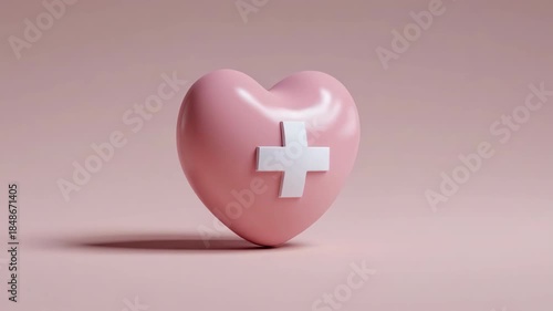 Pink heart with white cross on pastel background symbolizing health and care