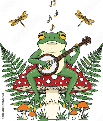 Vector Illustration of a Cute Green Frog Playing Banjo While Sitting on a Red Mushroom with Dragonflies and Ferns