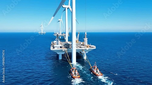 A large offshore structure secured with yellow ropes over dark blue ocean waters