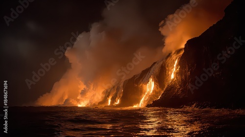 Night View of Fiery Lava Flowing Down a Rocky Slope into the Ocean with Dramatic Smoke and Reflection