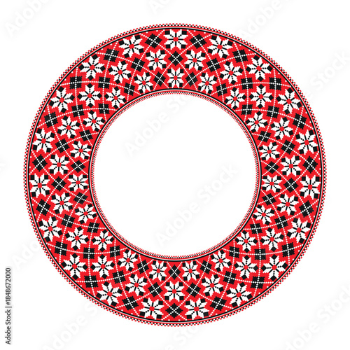 Circular ornament in slavic ethnic style. Slavic traditional folk embroidery round frame. Ukrainian, Belarusian, Bulgarian, Slavic embroidery. Folklore. Seamless cross stitch patterns for embroidery