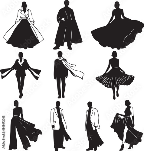 Clothing-Focused Poses Featuring Draping Coats and Flowing Skirts