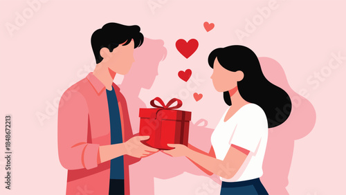 A young man gives his girlfriend a romantic red gift box with floating hearts in a cheerful pink modern flat vector illustration style.