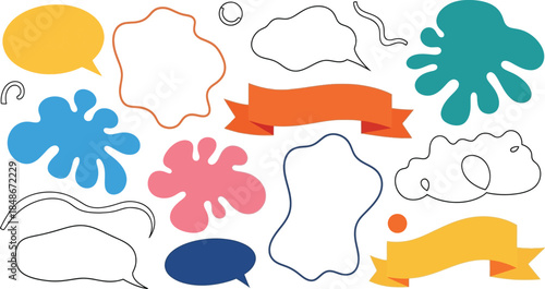 Color ink blots. Colorful paint splatters and drips in organic splashes. Bright, playful, bold abstract graffiti spots for kids art blobs, comics, pop art design. 