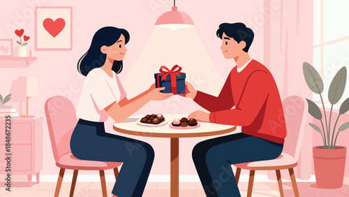 A young couple is celebrating a special occasion by exchanging a wrapped gift box across a dining table filled with desserts, rendered in a romantic pink flat vector illustration style 