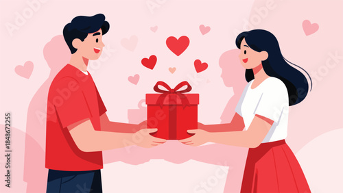 A smiling young couple exchanges a beautifully wrapped red gift box, surrounded by floating hearts in a cheerful flat vector illustration set against a soft pink background.