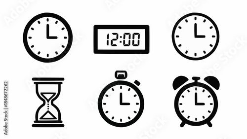 Collection of diverse timekeeping devices including clocks hourglass and alarm clock.