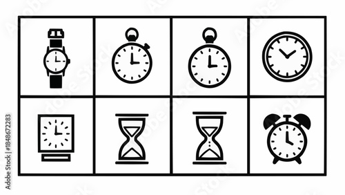 Collection of various timekeeping devices and clocks icons.