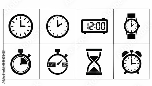 Collection of various timekeeping devices and symbols for measuring time.