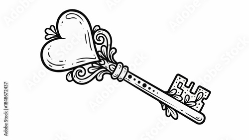 Ornate Heart Shaped Key with Swirls and Leaves.