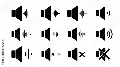 Collection of Sound Speaker Icons with Waveforms and Mute Symbols.