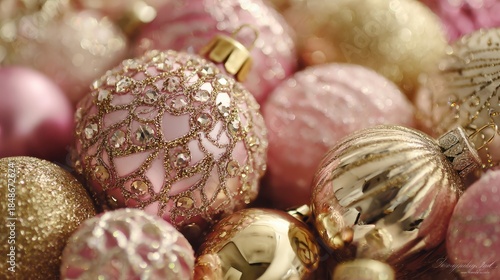 Pile of Sparkling Christmas Ornaments in Pink and Gold Tones Glittering Festive Holiday Decorations with Warm Light Macro Shot