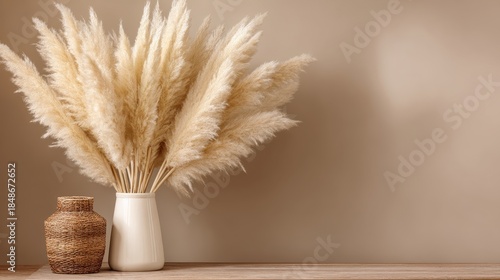 Pampas Grass in White Vase and Decorative Jar on Wooden Shelf Against Beige Wall in Warm Interior Decoration Style