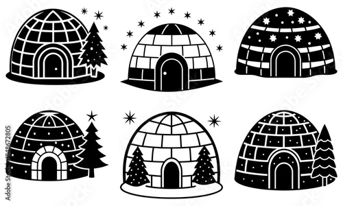 Six Igloo Silhouettes with Stars and Trees on White Background igloos snow house 1