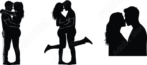 Romantic couple silhouette kissing, love and intimacy concept, black shadow figures of young lovers isolated on white background