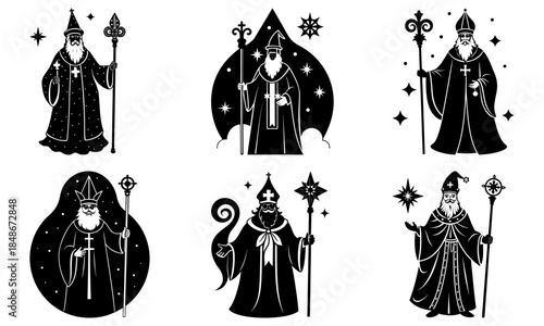 Five Clergy Figures in Robes with Staves on White Background bishops