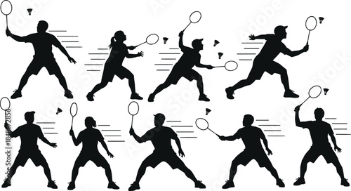 Badminton player silhouette set, male and female athletes in action, dynamic racket sports poses isolated on white background