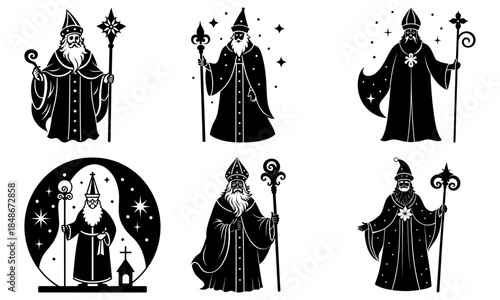 Five Black and White Silhouettes of Bearded Figures with Staves on White Background robes