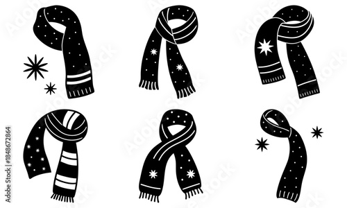 Five Black Scarves with White Stars and Dots on White Background scarf winter