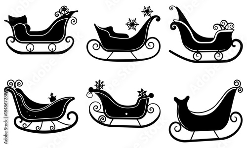 Six Black Santa Sleigh Silhouettes with Snowflakes on White Background Christmas