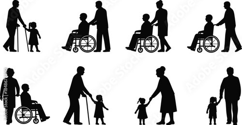 Family care silhouette set, elderly support and childcare moments, wheelchair assistance and walking generations isolated on white background