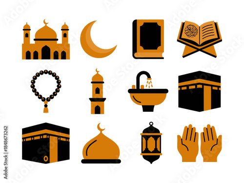 Modern flat icons for Ramadan and Hajj. Includes the Kaaba, Quran, prayer beads, mosque, and lantern in a bold orange and black color