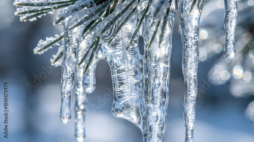Pine branch covered in clear ice icicles and white frost, illuminated by sunlight on a cold winter day