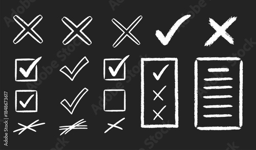 Tick and cross black signs. Gray checkmark OK and red X icons, isolated on white background. Simple marks graphic design. Circle symbols YES and NO button for vote, decision, web.