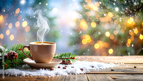 Hot coffee in a ceramic cup on wooden table, pine branches and snowflakes, cozy winter mood and Bokeh..