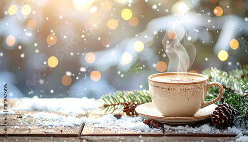 Close-up of steaming hot coffee cup on rustic wood, pine leaves nearby, gentle falling snow and Bokeh.