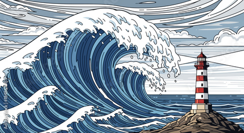 Striking Ocean Wave and Lighthouse Illustration with Bold Lines.