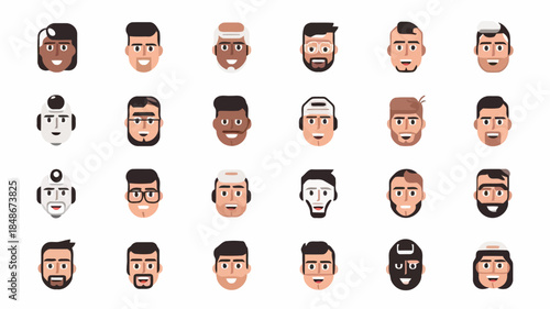 Collection of diverse cartoon male faces with different hairstyles, facial hair, and expressions