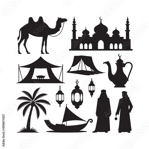 A collection of iconic silhouettes representing middle eastern culture including camels tents mosques and traditional objects