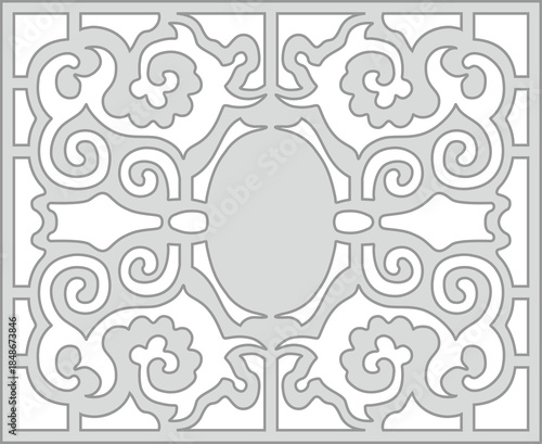 Decorative pattern based on flora design and combined with geometry. Korea ornament dancheong panel. Window grating. Wall screen traditional motif. 2D pattern using CNC machine cutting. Vector