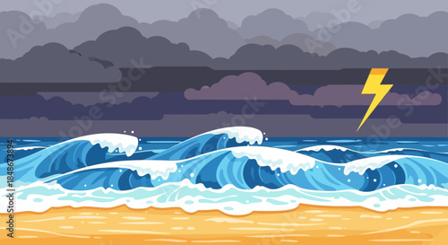 Stormy Beach Scene with Waves and Lightning.
